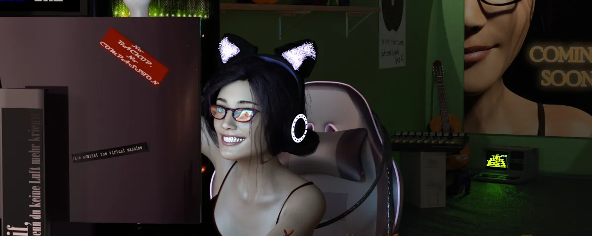 Rei's avatar wearing a headset in her streaming room
